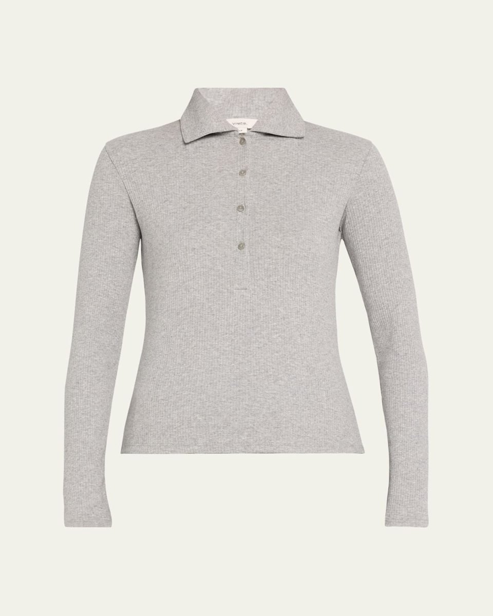 Ribbed Long-Sleeve Polo Top